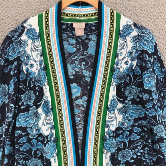 Chicos Sweater Womens 0 US Small Blue Floral Perfect Layer Cardigan 3/4 Sleeves - Picture 2 of 10